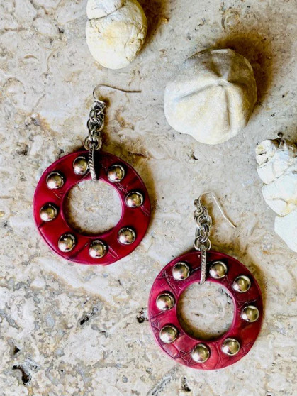 Front of the Red Small Studded Hoops from Water and Wave