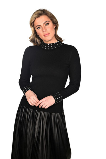 Front of the Rhinestone Mock Neck Sweater from Frank Lyman in the color black