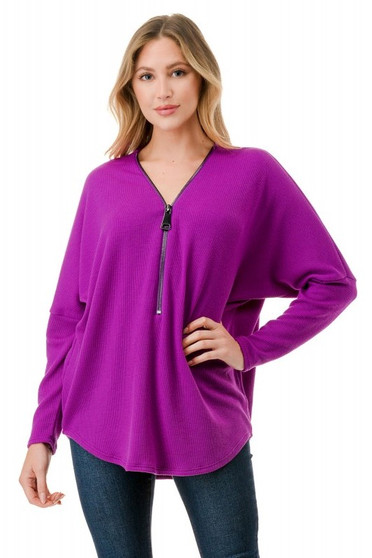 Front of the Dolman Half Zipper Top from Ariella USA in the color purple