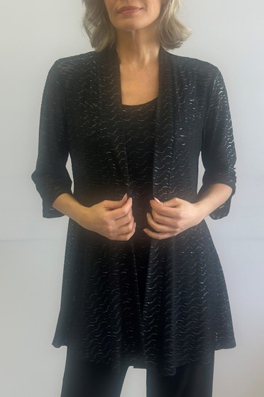 Front of the Shimmer Wave Print Cardigan from Soft Works in the colors black and silver