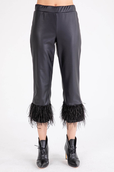 Front of the Broadway Feather Pants from Isle by Melis Kozan in the color black