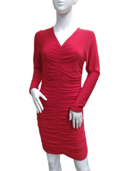 Front of the Long Sleeve Ruched Dress from Last Tango in the color red