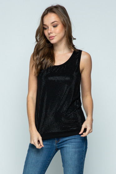 Model showing the front of the black scoop neck tank top with rhinestones from Vocal