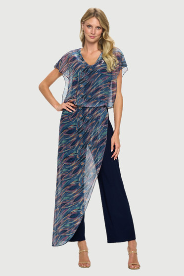 Front of the Shimmery Overlay Jumpsuit from Last Tango in the colors blue/multi