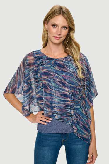 Front of the Shimmery Asymmetrical Flowy Top from Last Tango in the colors blue and multi