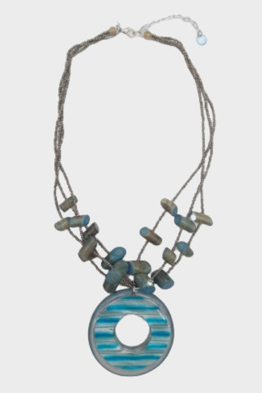 Front of the Blue and Silver Pendant Beaded Necklace from Alisha D.
