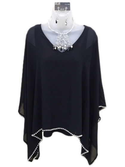 Front of the Pearl Trim Chiffon Knit Poncho Top from Joseph Ribkoff in the color black. Necklace and earrings are sold separately.