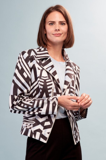 Front of the Geo Print Vegan Suede Moto Jacket from Insight New York in the colors black and white