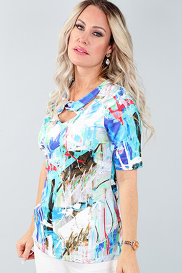 Side of the Twist Neckline Short Sleeve Printed Top from Michael Tyler in the multicolor print