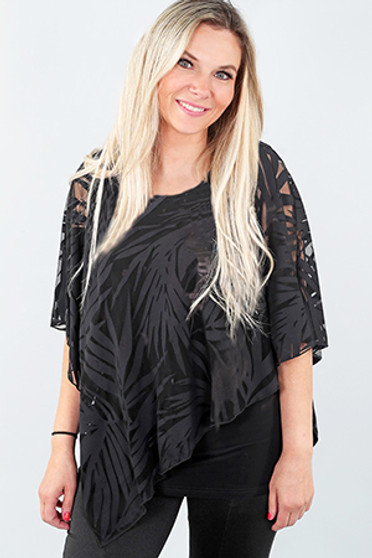 Front of the Leaf Print Chiffon Overlay Top from Michael Tyler in the color black