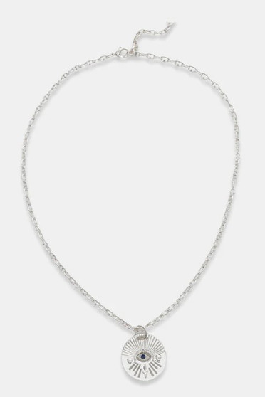 Front of the Silver Textured Eye Medallion Chain Necklace from OMG Blings