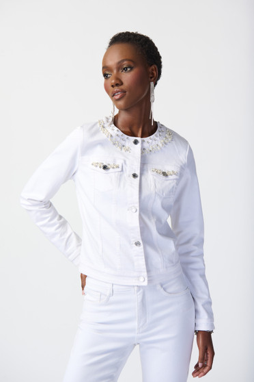 Front of the Embellished Pockets Denim Jacket from Joseph Ribkoff in the color vanilla
