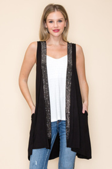 Front of the Hi-Low Rhinestone Vest with Pockets from Vocal in the color black