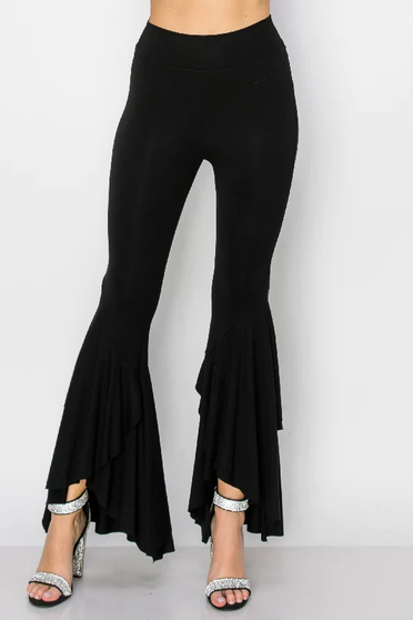 Front of the Swirl Ruffle Bell Bottom Leggings from Vocal in the color black