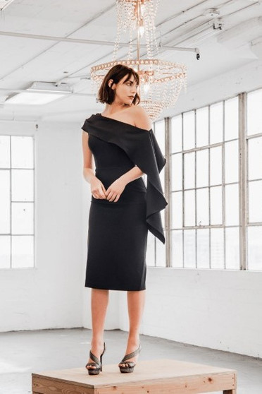 Front of the Off-the-Shoulder Cocktail Dress from Posh Couture in the color black