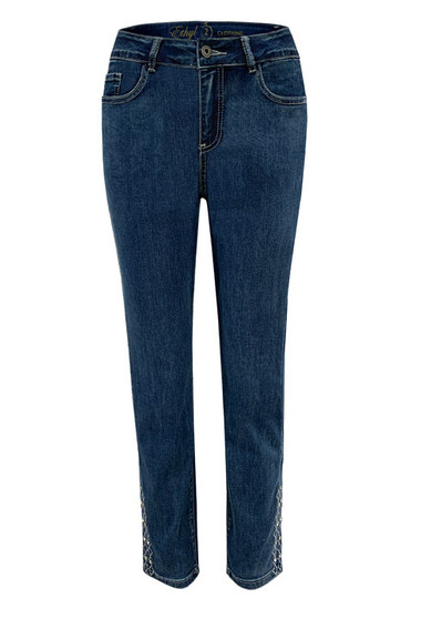 Front of the Pearl Trim Denim Jeans from Ethyl in the color blue