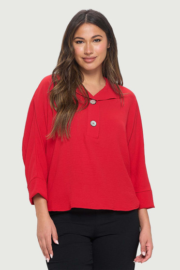 Front of the Flowy 2 Button Dolman Top from Last Tango in the color red