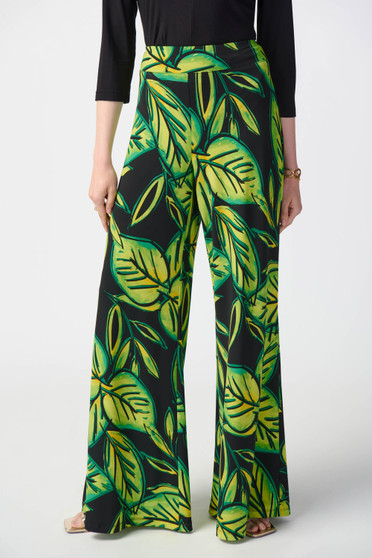 Front of the Leaf Print Silky Knit Wide-Leg Pants from Joseph Ribkoff in the black/multi print