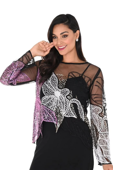 Front of the Sheer Embroidered Sequins Top from Frank Lyman in the colors black and pink