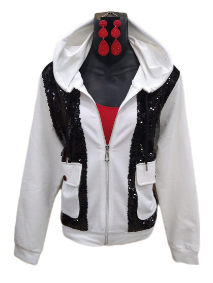 Front of the Sequins Front Hooded Cardigan from Tricotto in the colors white and black