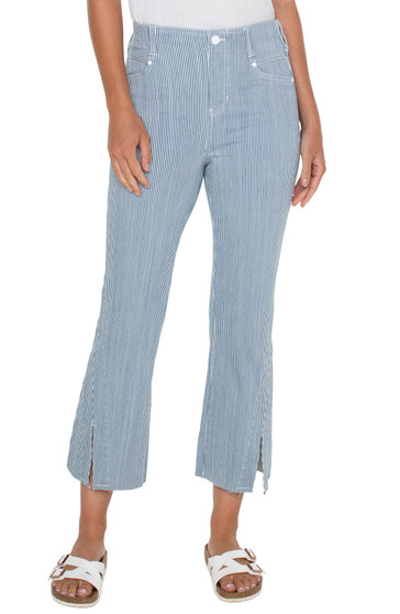 Front of the Pinstripe Gia Glider Twisted Seam Flare Capris from Liverpool in the Chambray Stripe color