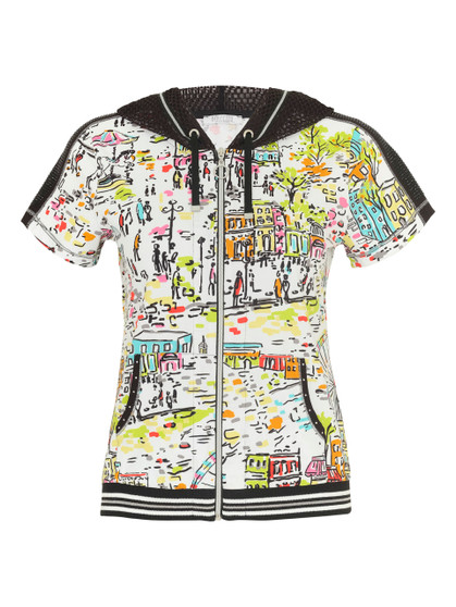 Front of the 'Love in the City' Print Mesh Hoodie from Dolcezza in the multicolor print