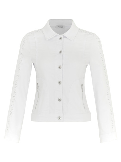 Front of the Rhinestone Jean Jacket from Dolcezza in the color white