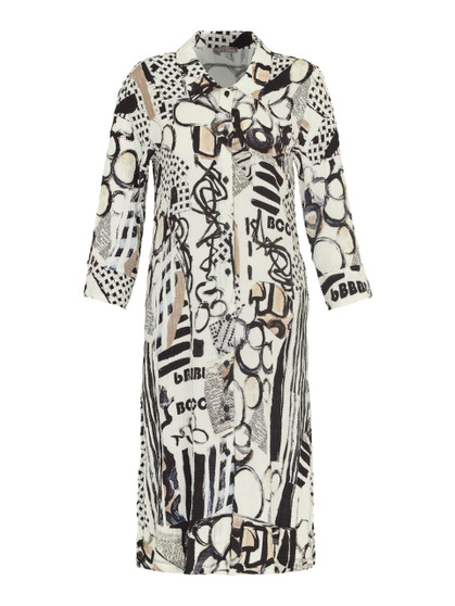 Front of the Decoding Button-Up Duster from Dolcezza in the multicolor print