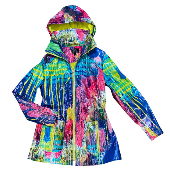 Front of the Abstract Print Hooded Raincoat from UBU in the multicolor print