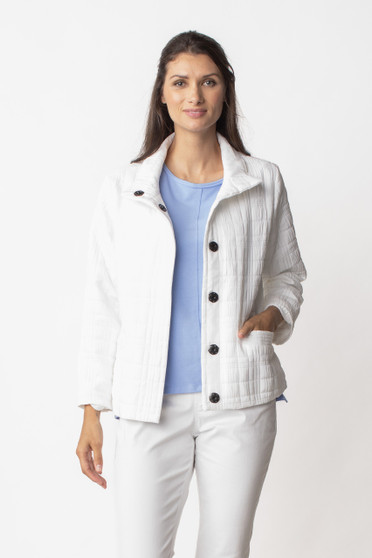 Front of the Quilted Snap Button Jacket from Liv in the color white