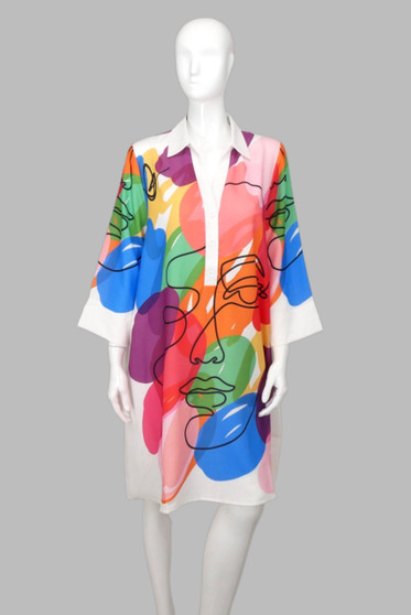 Front of the Abstract Face Print Shirt Dress from Radzoli in the multicolor print
