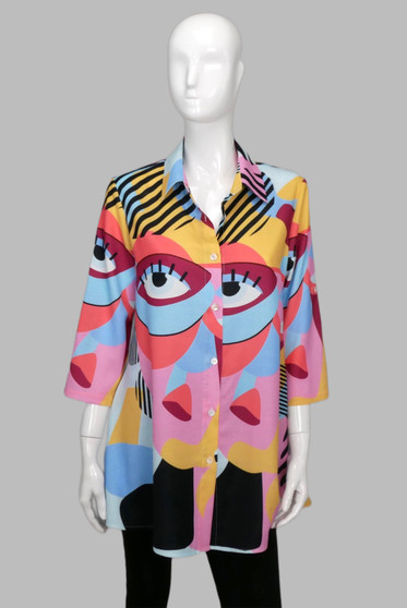 Front of the Abstract Face Print Blouse from Radzoli in the multicolor print