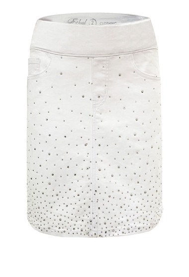 Front of the Cascading Bling Denim Skirt from Ethyl in the color white