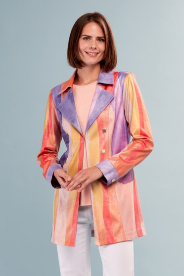 Front of the Metallic Vegan Leather Long Jacket from Insight in the multicolor print