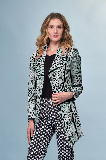 Front of the Metallic Animal Print Long Jacket from Insight in the mint leopard print