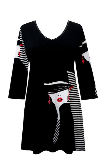 Front of the Red Earrings Lady Tunic from Valentina in the colors black, white and red