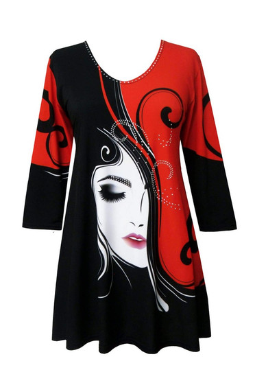 Front of the Lady in Red Studded Tunic from Valentina in the multicolor print