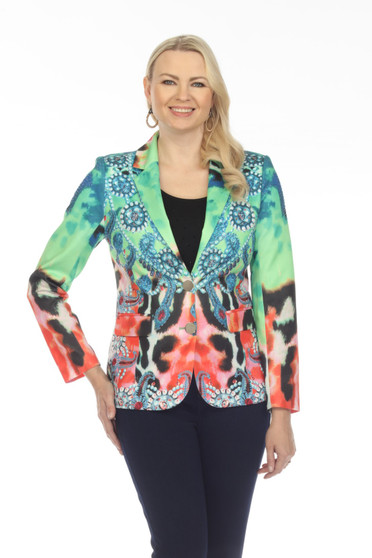 Front of the Animal Print Rhinestone Blazer from AZI in the multi print