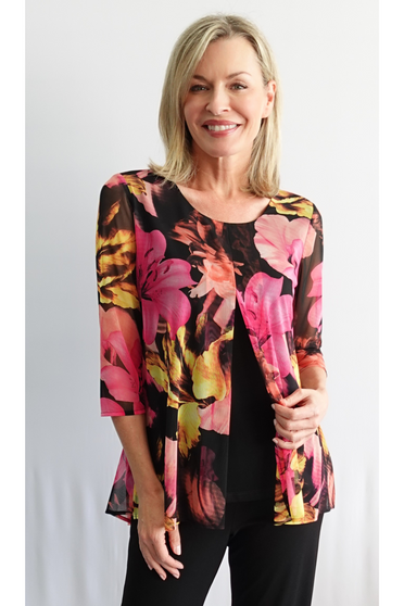 Front of the Floral Split Front Overlay Top from Soft Works in the colors black and pink