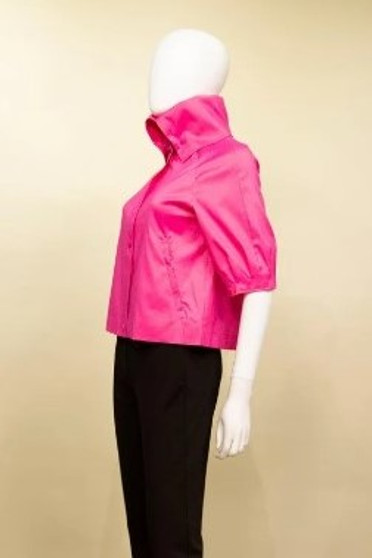 Side of the Solid Duppioni Crop Jacket from Samuel Dong in the color Bougainvillea pink