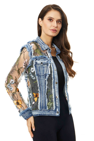 Side of the Short Lace Embroidered Jean Jacket from Adore style A7217-60 in the colors white and denim
