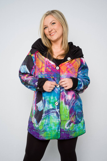 Front of the Abstract Print Reversible Raincoat from UBU in the multicolor print