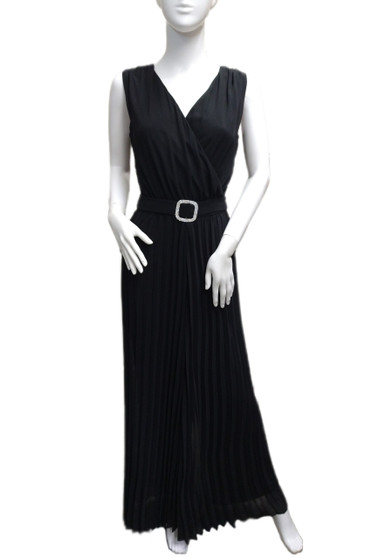 Front of the Pleated Rhinestone Belt Jumpsuit from Frank Lyman style 248303 in the color black