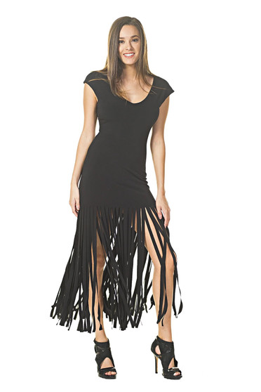 Front of the Fringe Hem Dress from Eva Varro in the color black