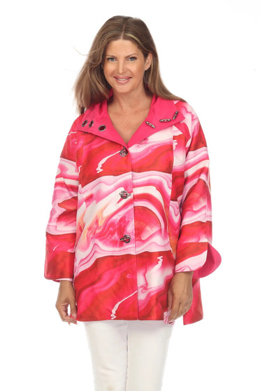Front of the Reversible Abstract Print Raincoat from Lindi style J4240RW-3 in the color fuchsia pink