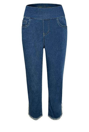 Front of the Pearl Detail Denim Capris from Ethyl style P17BWDP in the color blue