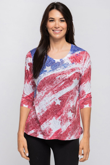 Front of the Patriotic Flag Top from Fashion Cage style S202-1 in the multi print