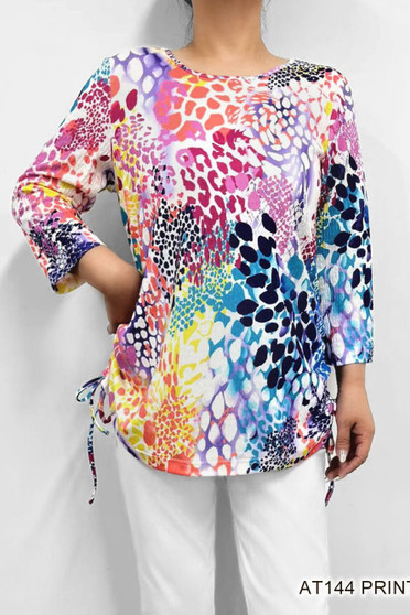Front of the Printed 3/4 Sleeve Side-Tie Top from Fashion Cage in the multicolor print