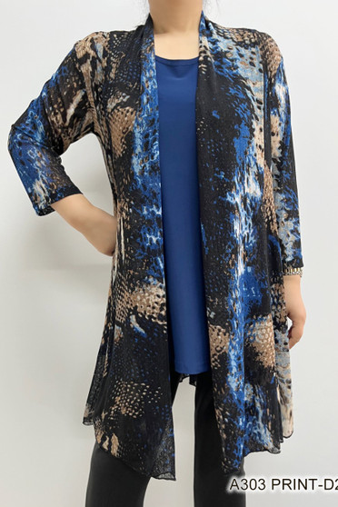 Front of the Snakeskin Print Mesh Cardigan from Fashion Cage in the colors blue and brown