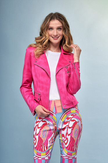 Front of the Solid Vegan Leather Zipper Moto Jacket from Insight New York style BCJ78A46B in the color bright fuchsia pink